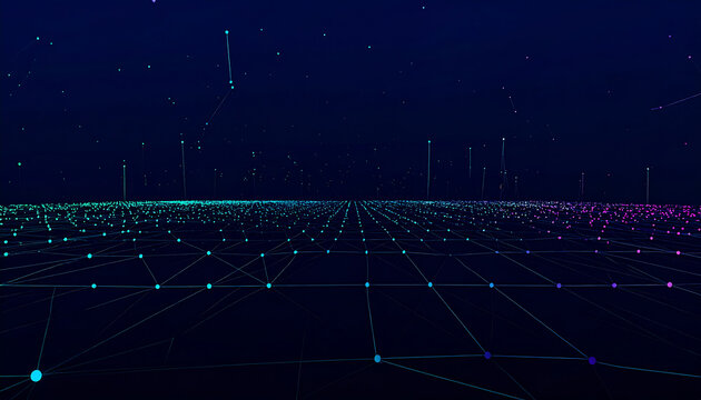 Abstract digital cityscape with glitch effects and neon lights