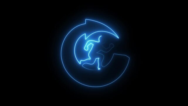 Neon silhouette of a running man inside a circular arrow against a dark background representing progress and continuous improvement

