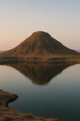 Rounded mesa reflected in tranquil reservoir