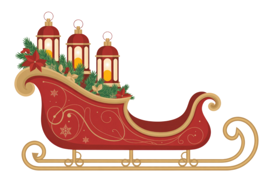 A festive red and gold sleigh adorned with glowing lanterns, pine boughs, pinecones, and poinsettias, perfect for holiday celebrations and winter scenes. background removed