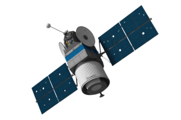 An advanced Earth-orbiting satellite with large solar panels, communication dishes, and instrumentation, rendered in 3D against a solid transparent background. background removed