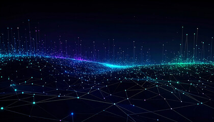 Abstract network of glowing blue and green lights on a dark background