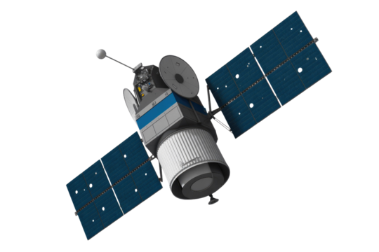 An advanced Earth-orbiting satellite with large solar panels, communication dishes, and instrumentation, rendered in 3D against a solid transparent background. background removed