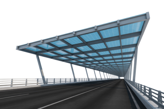 A modern highway section covered by an extensive solar panel canopy, showcasing sustainable energy integration into infrastructure. background removed - Powered by Adobe