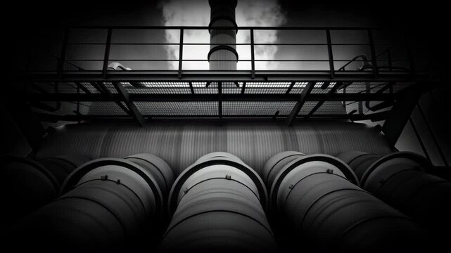 Industrial chimney pipes and smokestack with metal factory structure, steam plume rising dramatically monochrome, powerful industrial pipe lines