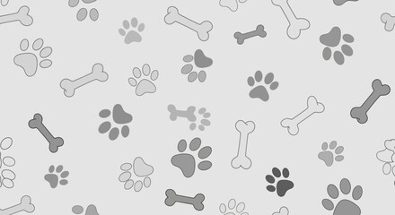 A repeated pattern of dog paw prints and bones in varying shades of gray on a light gray background