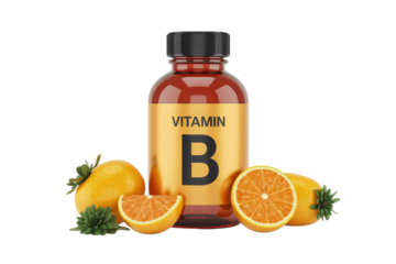 A bottle of Vitamin B supplement with fresh oranges and slices, highlighting health and natural source. Set against a transparent background. background removed