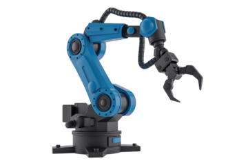Modern blue and black industrial robotic arm with a gripper tool, designed for automation, assembly, and manufacturing tasks, 3D render. background removed