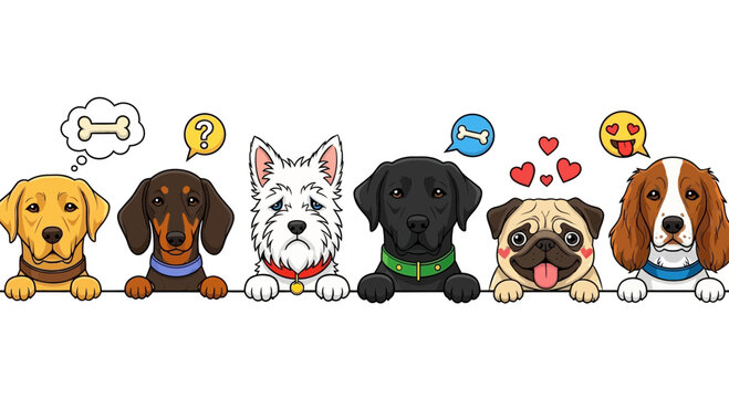 Cartoon illustration of six different dog breeds with various expressions and thought bubbles above them