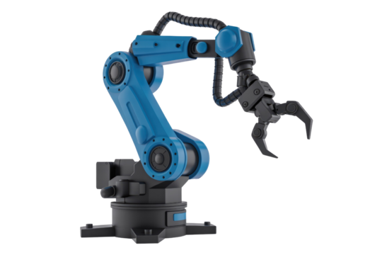 Modern blue and black industrial robotic arm with a gripper tool, designed for automation, assembly, and manufacturing tasks, 3D render. background removed
