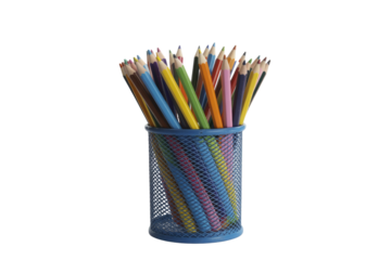 A vibrant collection of sharpened colored pencils in a blue mesh holder, ready for artistic expression and creative endeavors. background removed