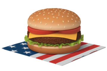 A vibrant, illustrative hamburger with lettuce, cheese, tomato, and a juicy patty. It rests on a USA flag-themed napkin, perfect for a patriotic summer meal. background removed