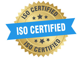 iso certified. iso certified round blue and gold label isolated on transparent background