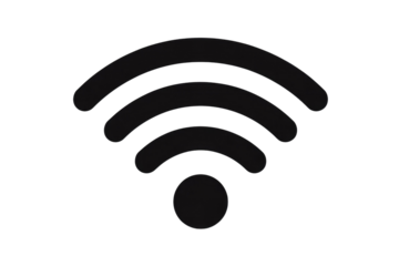 A minimalist black Wi-Fi symbol icon, indicating wireless network connectivity, is prominently displayed against a solid dark transparent background. background removed