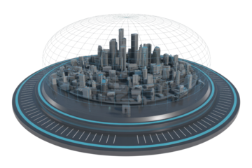 A futuristic 3D smart city model, encased in a digital grid and wireframe globe, with a circular road for urban connectivity. background removed