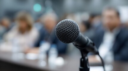 A professional microphone is set up on a stand in front of a blurred audience at a conference or business meeting