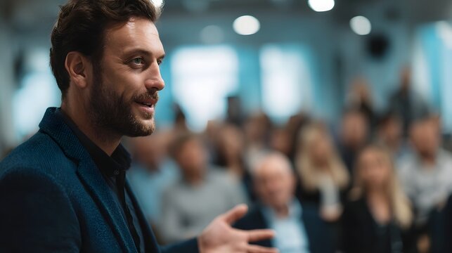 A confident male speaker gestures while presenting to a blurred audience in a professional meeting