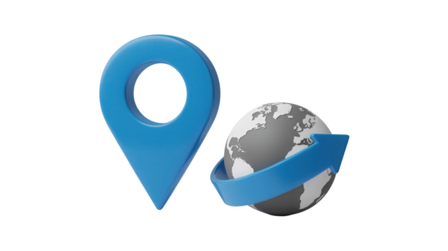 Blue location pin icon next to a globe with a blue arrow wrapped around it isolated on transparent background