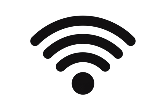 A minimalist black Wi-Fi symbol icon, indicating wireless network connectivity, is prominently displayed against a solid dark transparent background. background removed