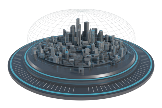 A futuristic 3D smart city model, encased in a digital grid and wireframe globe, with a circular road for urban connectivity. background removed