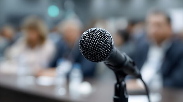 A professional microphone is set up on a stand in front of a blurred audience at a conference or business meeting