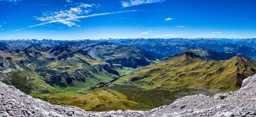 Sulzfluh mountain summit. Fantastic views of the surrounding mountains in the Rätikon region. Hiking in beautiful Switzerland. Wanderlust in the Swiss Alps. View of the peak Drusenfluh