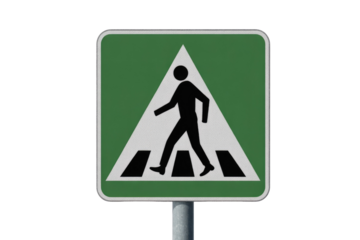 A green square sign depicts a black pedestrian silhouette walking on a white zebra crossing within a white triangle, mounted on a pole. background removed