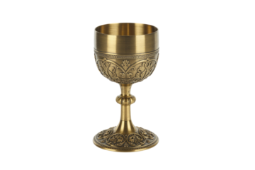 An ornate, antique brass goblet with intricate floral and leaf engravings, ideal for ceremonial use, decoration, or historical themes. background removed