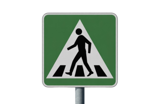 A green square sign depicts a black pedestrian silhouette walking on a white zebra crossing within a white triangle, mounted on a pole. background removed