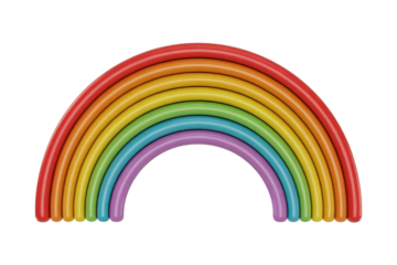 A vibrant 3D rendered glossy rainbow, composed of distinct colorful tubes, arching against a solid transparent background. background removed