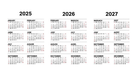 A visual representation of the years 2025, 2026, and 2027, displayed as calendar months in a clear layout