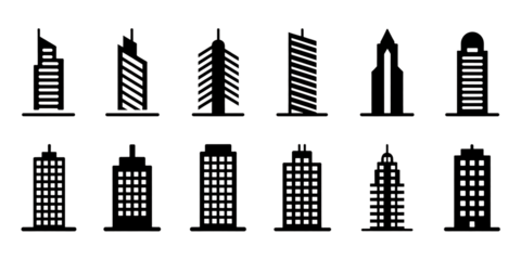 Collection of Stylized Outline Buildings on Black Background image isolated on transparent background, png