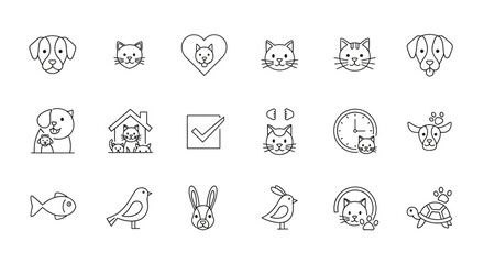 Collection of line art icons featuring various pets and animal related symbols in a simple style