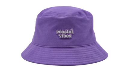 A vibrant purple bucket hat with a stylish 'coastal vibes' white embroidered patch, perfect for sunny beach days or summer outfits. background removed