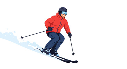 Dynamic vector illustration of a skier in a red jacket and helmet racing down a snowy slope on a winter day