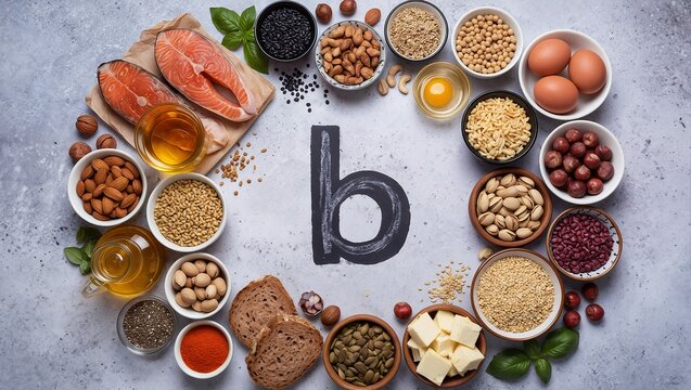 a flat lay arrangement of various foods rich in b vitamins encircling a large letter "b" on a gray surface.
