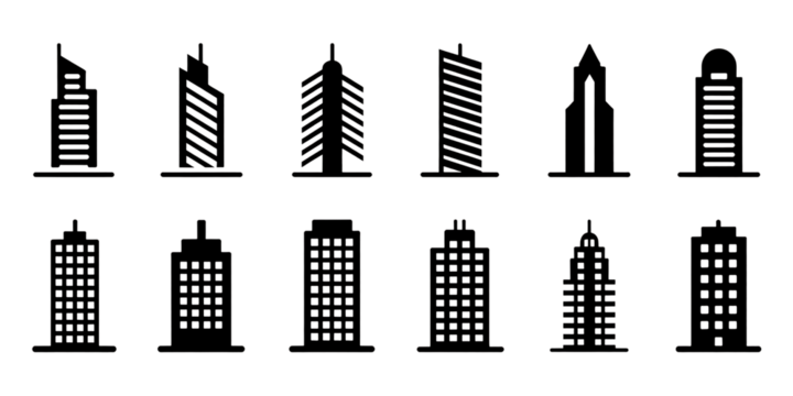 Collection of Stylized Outline Buildings on Black Background image isolated on transparent background, png