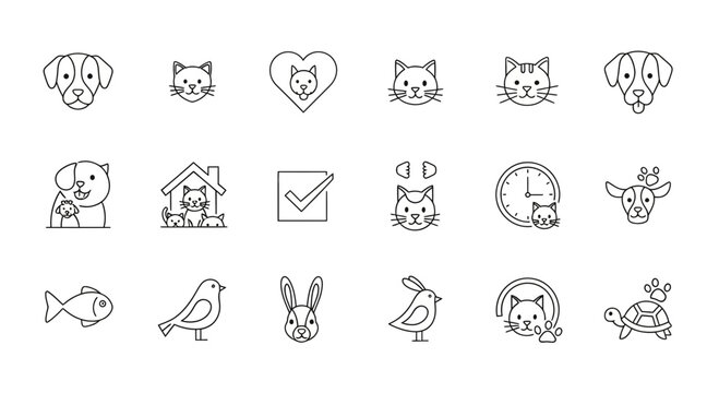 Collection of line art icons featuring various pets and animal related symbols in a simple style