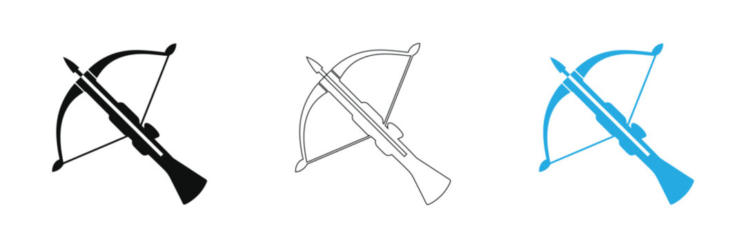 Craft a unique design with these crossbow icons. Perfect for hunting themes, medieval art, or gaming concepts. Available in black, line art, and blue.