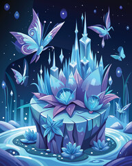 Enchanted ice castle surrounded by glowing butterflies and frozen flowers under a starlit sky, magical winter fantasy vector