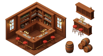 Fototapeta premium Isometric view of a cozy wooden bar interior with stools, bottles, and barrels, showcasing a detailed pub setting.