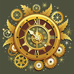 Vintage Steampunk Christmas Clock with Gears and Golden Details Vector