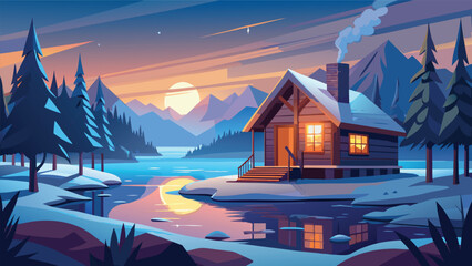Cozy Wooden Cabin beside Frozen Lake at Winter Sunset Vector