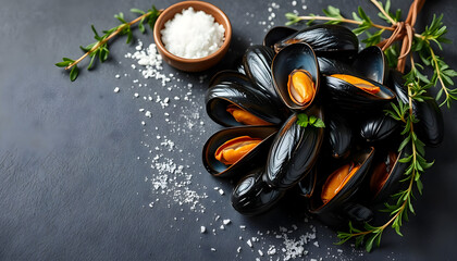 Freshly cooked mussels are arranged alongside herbs and salt on a dark surface, providing a delightful backdrop with ample space for text or design elements