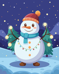 Happy Snowman Decorated with Christmas Lights Garland Vector Illustration