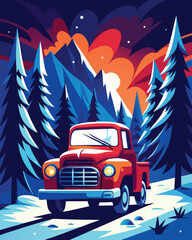 Vintage Red Truck Carrying Christmas Tree in Snowy Forest Vector