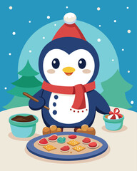 Cute Penguin Baking Christmas Cookies in Snow Vector Illustration