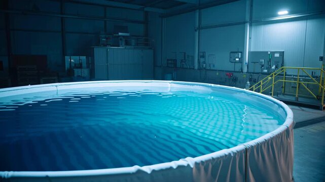 Circular water tank indoor pool industrial facility testing pool calm blue water reflective surface round industrial water tank clear filtered water