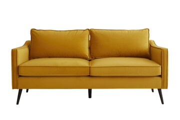 A stylish mustard yellow two-seater velvet sofa with sleek dark legs, perfect for modern living spaces and interior design. background removed
