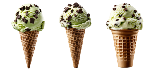 set of mint chocolate chip ice cream with a vibrant green hue and chocolate chunks, in a waffle cone isolated on transparent background	